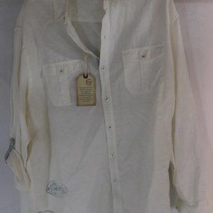 Caribbean White/Teal Palm Tree Print Linen Blend LS Button Up Shirt Sz.XL NWT